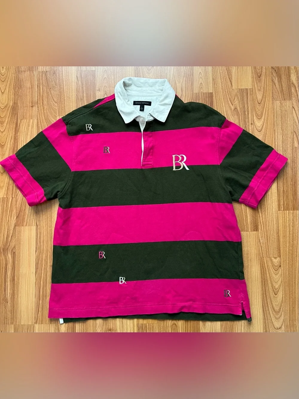 Banana Republic Striped Rugby Polo Shirt in Pink and Black Size L